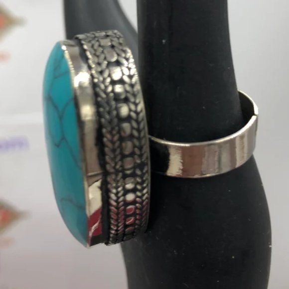 Ethnic Turquoise Stone Ring, Handmade Tribal Statement Ring, Stone Ring - Picture 4 of 6